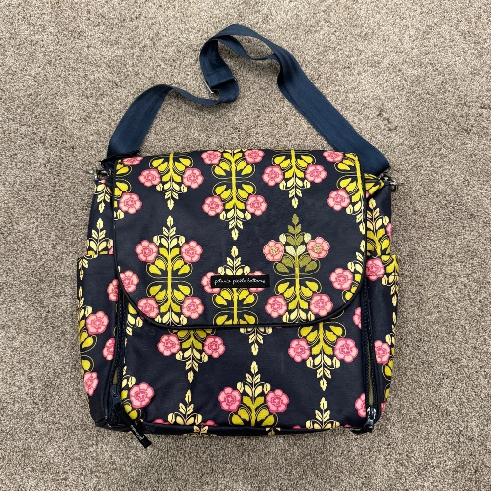 Petunia Pickle Bottom Seville Navy Floral Boxy Backpack Diaper Bag with Pad